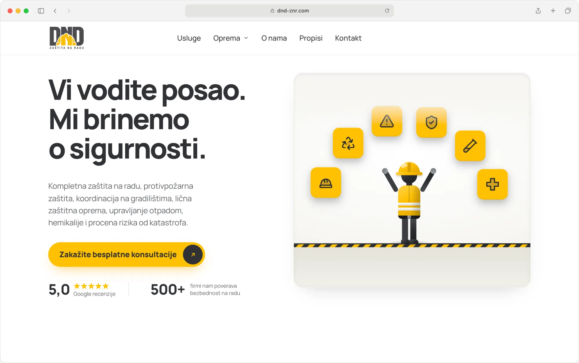 Početna strana sajta DND Zaštita na radu, desktop prikaz