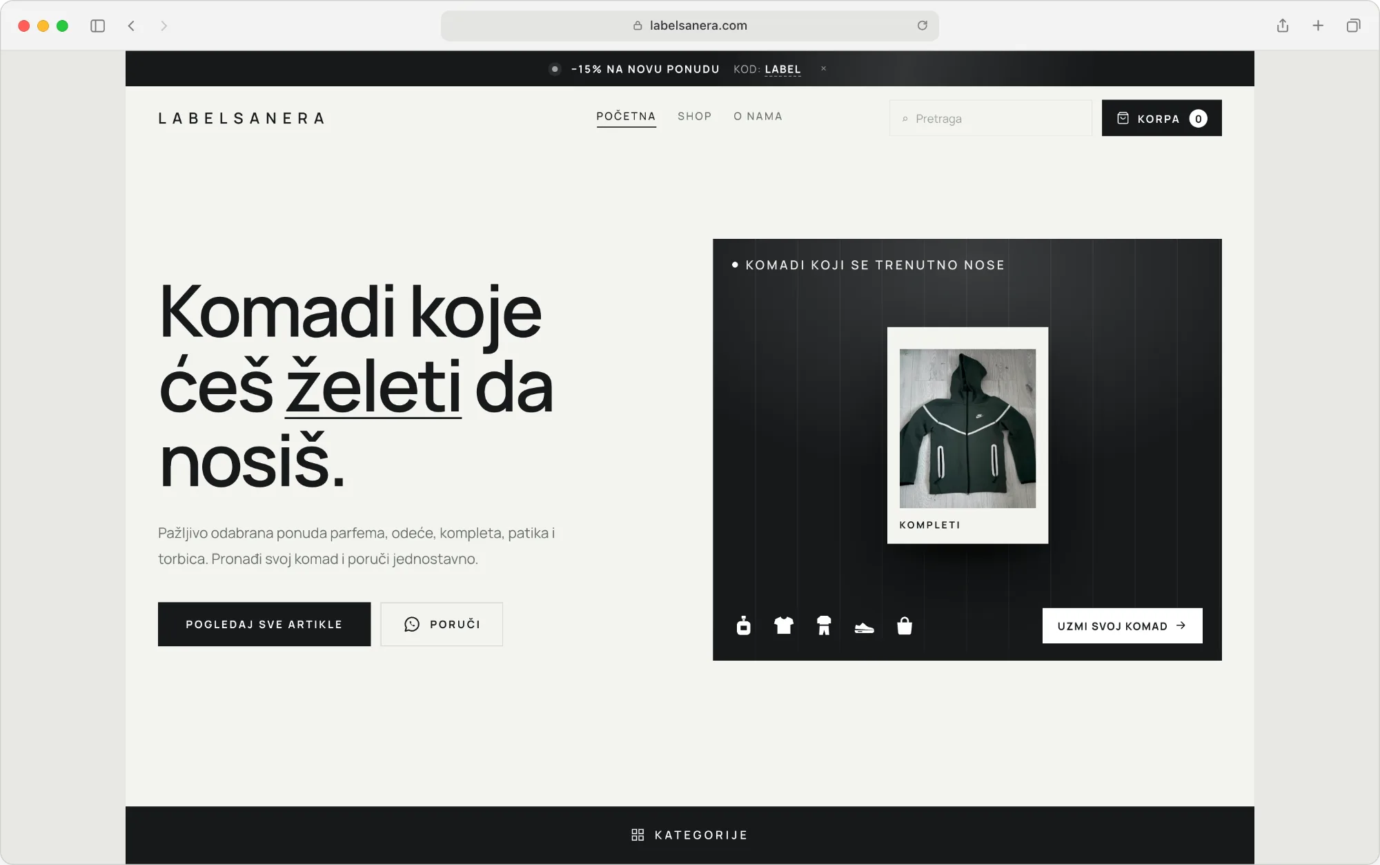Web katalog Labelsanera sa poručivanjem, desktop prikaz