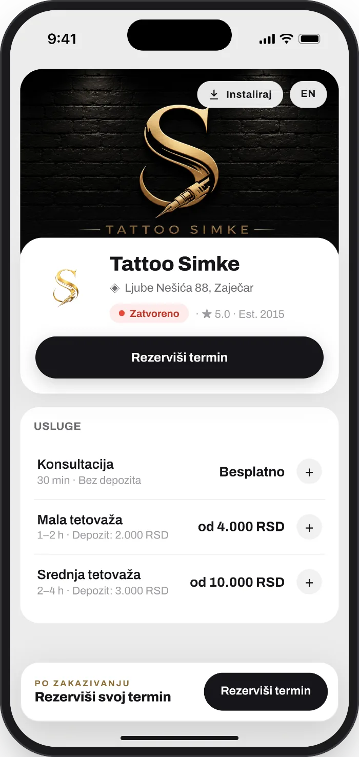 Aplikacija za zakazivanje Tattoo Simke na mobilnom telefonu
